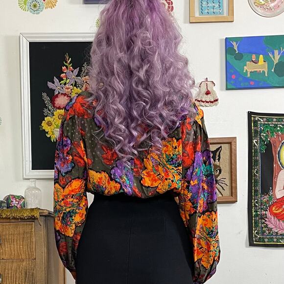 Vintage Silk Floral Blouse, 1980s Corporate Bohemian Flower Print Top Sz XL - Picture 3 of 13